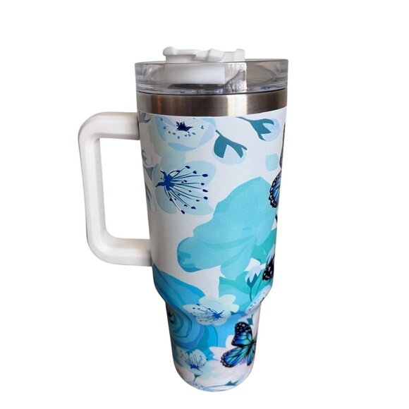 Custom Butterfly Floral Stainless Steel Tumbler With Handle & Lid - Insulated - Picture 3 of 10